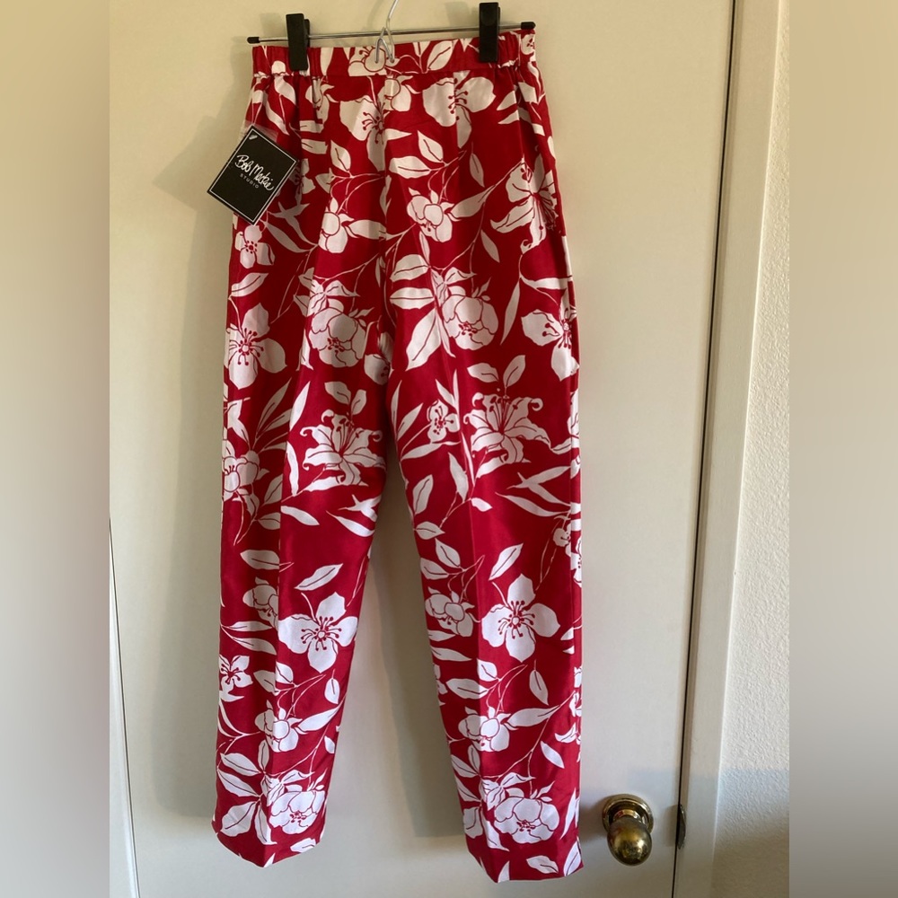 NWT Bob Mackie Red Floral Print 100% Silk Pants Size 4